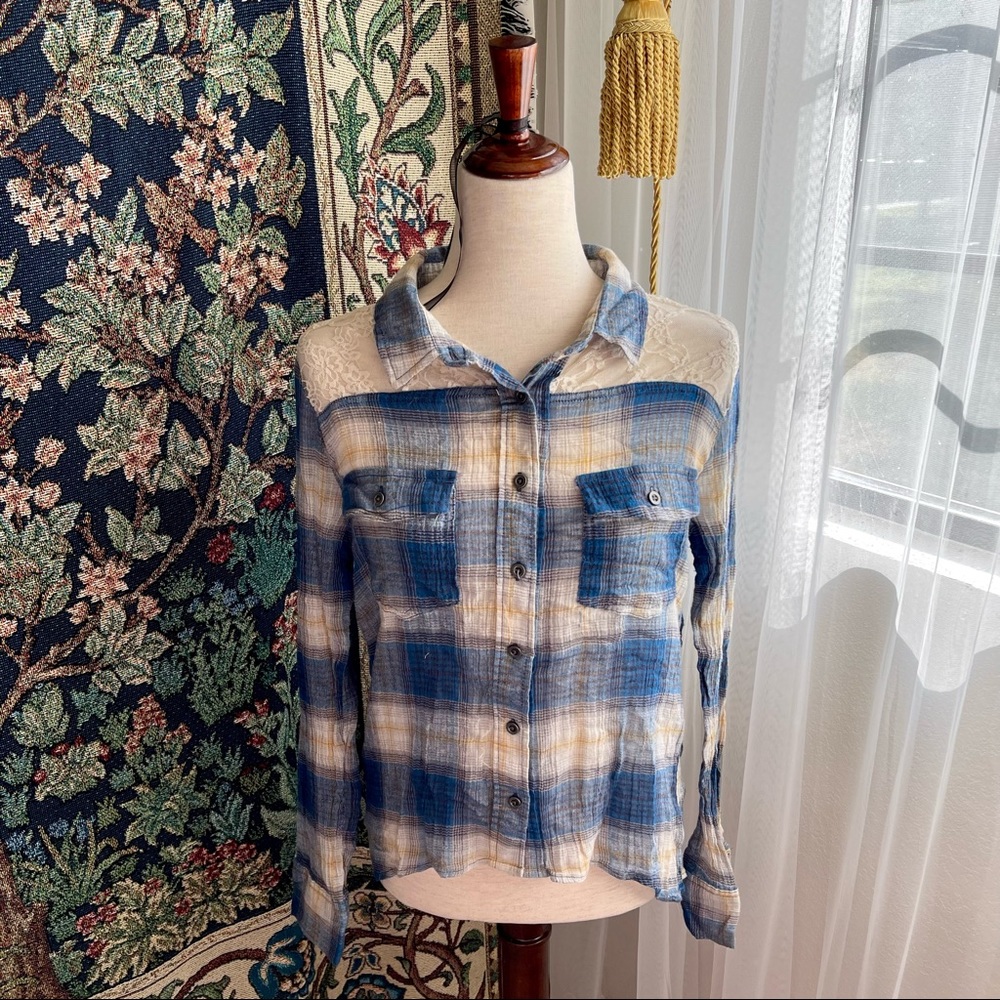 Blue and White Lace Inlay Button Down Plaid Shirt Blouse